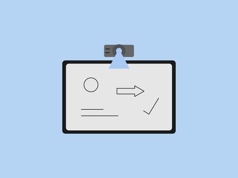 A projector shines light onto a large interactive smartboard displaying simple drawn shapes vector