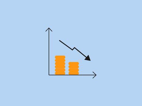 A line graph showing a downward trend arrow moving across stacks of decreasing coins vector