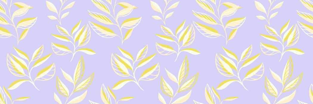 Elegant seamless pattern with abstract leafy stems in soft yellow and cream tones on a pastel lavender background. Delicate and modern, ideal for fabrics, wallpapers, stationery, and branding vector
