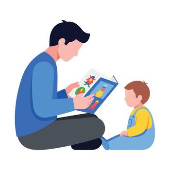 Man Reads to Child from Book with Colorful Figures Illustration vector