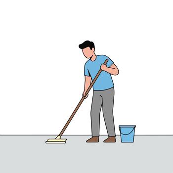 Man Mopping Floor with Bucket in Simple Illustration Style vector