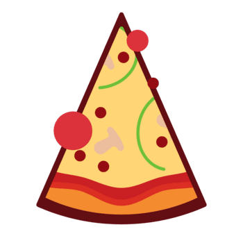 A flat design illustration of a pizza slice with various toppings, including mushrooms, tomatoes, and peppers. The crust is visible and there is a bright color scheme. png