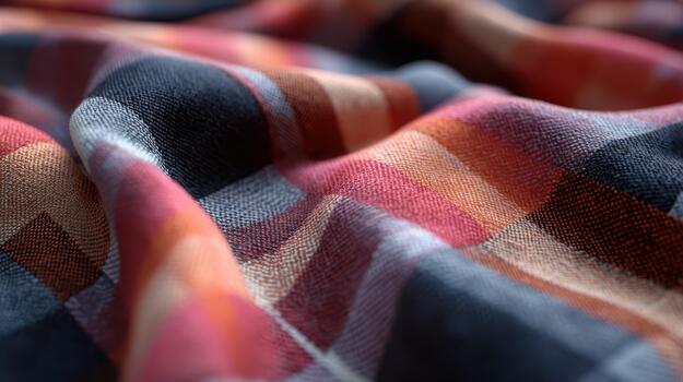 Plaid fabric cozy warm texture with red orange black pattern, soft textile abstract background photo