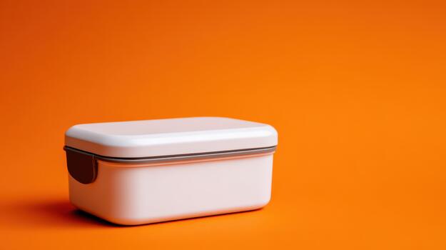 White lunch box, plastic container, reusable, eco friendly, isolated on orange background photo
