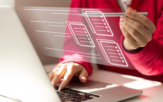 Process automation to efficiently manage files. Online documentation database and document management system concept. Businesswoman working on laptop with virtual screen photo