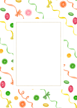 rettangolare telaio di pulsanti, nastri e legato archi. copia spazio per testo. forbici, filo bobine, il giro pulsanti, ditale. sartoria cartolina. mano disegnato illustrazioni per a tema cucito design png