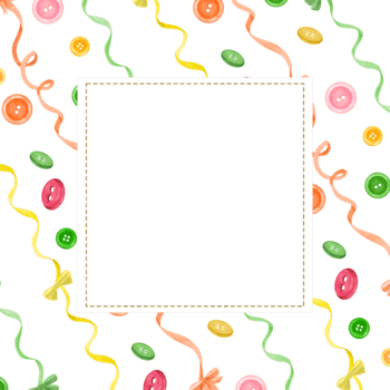 Square frame of colorful buttons, ribbons and tied bows copy space for text. Scissors, thread spools, round buttons, thimble. Dressmaking. Hand drawn illustrations for sewing-themed design, postcard png