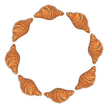 Wreath with baked croissant with flaky and crispy layers. Bakery for restaurant, cafe menu in flat style isolated on a white background. vector