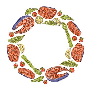 Wreath with salmon steak, tomato, lemon slice, asparagus and herbs in flat style on white background. Design for seafood restaurant card and menu. vector