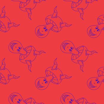 Seamless pattern of funny groovy style mushroom with horns on a red background. Devil character design for fabric and wallpaper. vector