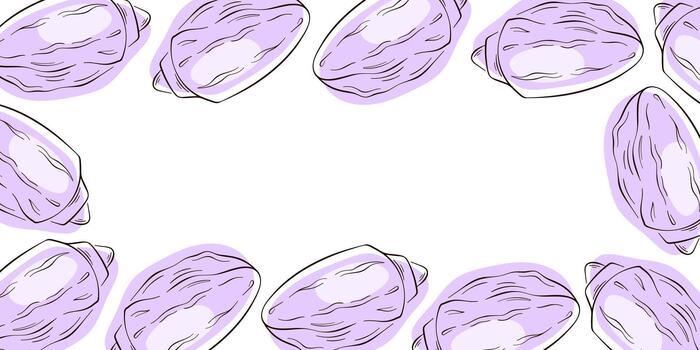 Border frame of purple seashell on a white background in flat style. Design with space for text in the center. vector