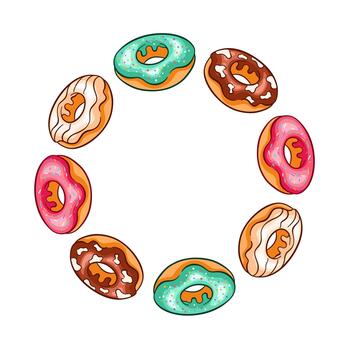 Wreath with glazed donut with various topping, pink, chocolate and mint green frosting with sprinkles in cartoon style. vector