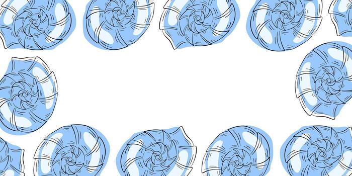 Seashell nautilus border frame in flat style. Undersea, underwater design for sea food store, restaurant and package with copy space. vector