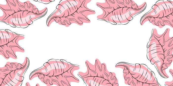 Pink seashell border frame with conch shell on a white background in flat style with copy space. vector