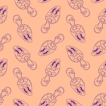 Seamless pattern of groovy style mushroom with melting shape on peach background. Cartoon character for modern design. vector