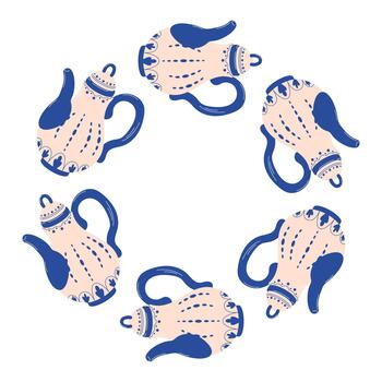 guirnalda modelo de decorativo azul tetera arreglado en un anillo en un blanco antecedentes en plano estilo. vector