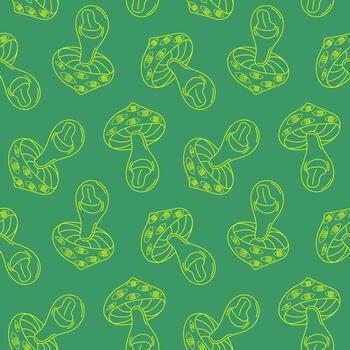 sin costura modelo de maravilloso estilo mosca agárico seta en un verde antecedentes. decorativo antecedentes con dibujos animados personaje para textil. vector