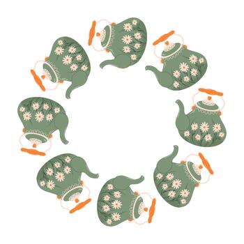 Circle of decorative wreath with green kettle with daisy pattern. Flat style card design. vector