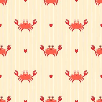 sin costura modelo con linda rojo cangrejos, conchas marinas, y corales juguetón con temática oceánica diseño Perfecto para niños textiles, envase papel, y verano decoración vector