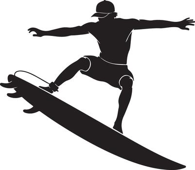 Silhouette of a surfer riding a wave dynamic pose black and white vector