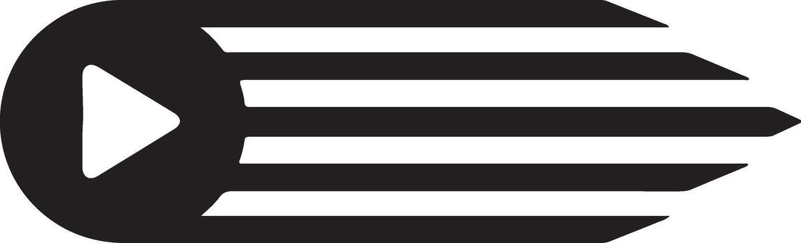 Abstract black and white play button icon with horizontal speed lines representing media, streaming, loading, and digital data transfer design element. vector