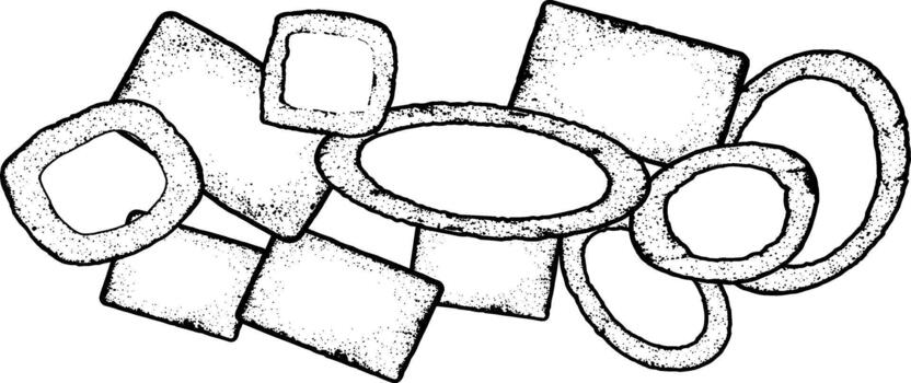Abstract black and white sketches of geometric shapes and rings overlapping on a white background vector