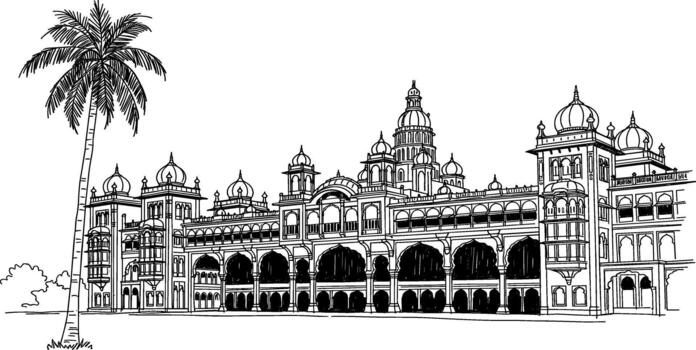 Elaborate Drawing of a Historic Palace Architecture with Palm Tree vector