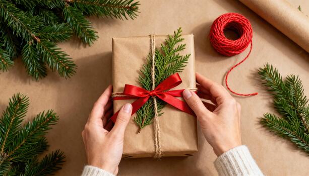 Hands of a person wrapping a beautifully crafted gift box with natural elements, red ribbon, and greenery, creating a festive atmosphere for holiday celebrations photo