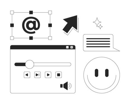 Digital interface controls and emoji 2D line objects set. Smile face. Cursor, message box. Media playback buttons isolated cliparts ink outline items. Monochrome spot illustrations collection vector