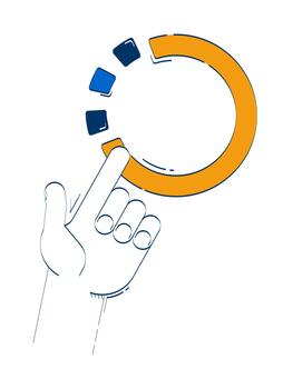 Hand touching progress chart doodle cartoon illustration. Tapping, pointing segment graph circle. Analytics interaction 2D drawing isolated on white background. Editable hand-drawn clipart vector