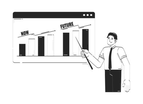 Now future business forecasting doodle line illustration concept. Asian businessman presenting growth comparison chart in web window 2D outline character isolated. Hand drawn ink metaphor monochrome vector