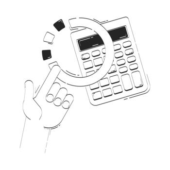 Calculating financial forecast doodle line illustration concept. Budget estimate. Hand pointing toward calculator and segmented graph 2D outline composition isolated. Hand drawn metaphor monochrome vector