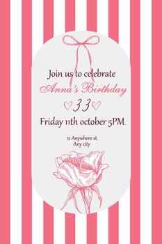 A stylish birthday invitation template in vertical format with a text box, a rounded border, stripes and hand-drawn illustrations. The text is not editable and is provided for reference only. vector