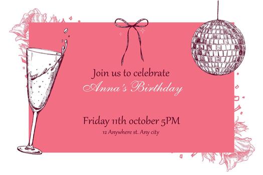 A stylish horizontal birthday invitation template with a text box and frame featuring hand-drawn illustrations. The text is not editable. vector