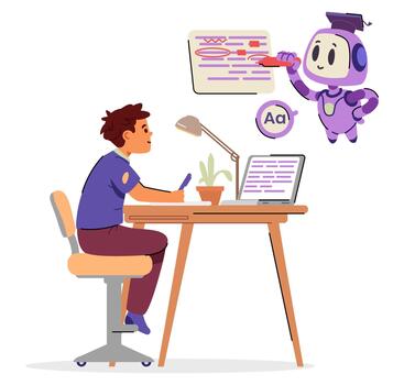 Artificial intelligence robot character helping school boy with homework checking grammar and spelling. vector