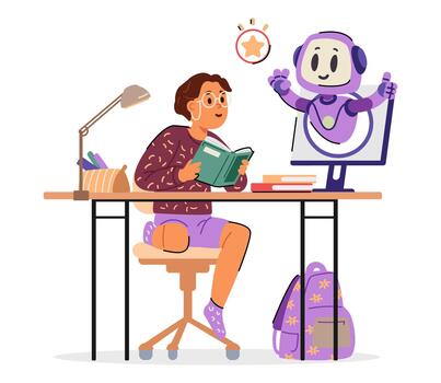 artificial inteligencia en colegio educación concepto. ai robot demostración pulgares arriba desde computadora pantalla a leyendo colegio muchacha. vector