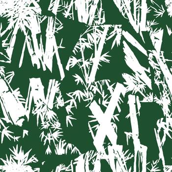 Dense, abstract seamless bamboo pattern featuring overlapping hand drawn stalks and fine leaves in white silhouettes against a deep forest green background. Energetic and highly textured. vector
