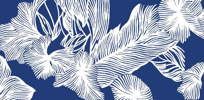 Dense, hand drawn pattern featuring abstract white foliage with detailed parallel line textures against indigo blue background. Elegant and dynamic. vector