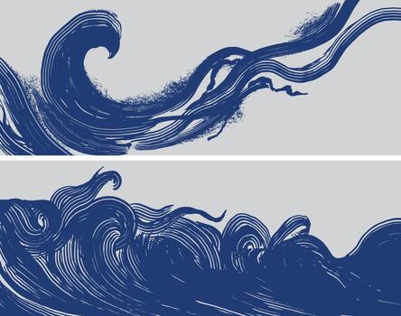 Hand drawn brush stroke set of dynamic ocean wave abstract background, Japanese and tribal wood carving, block print texture graphic for textile, banner, vector