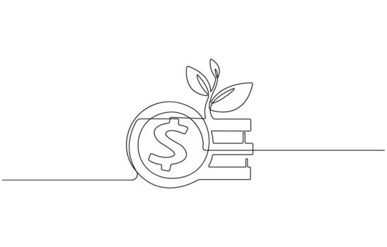 dinero planta en uno continuo línea dibujo, creciente moneda árbol símbolo y Finanzas inversión incrementar concepto en sencillo lineal estilo, eps 10 vector