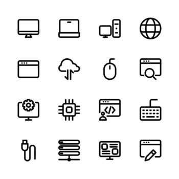 Internet computadora icono colocar. computadora, computadora portátil, sitio web, servidor, web, hardware, software y más iconos línea iconos vector