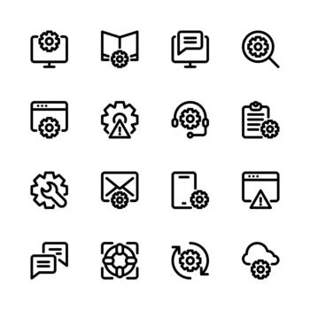 IT support icons. Technology, search, manual, help, message, cloud computing, troubleshooting and more icons. Line icon set. vector