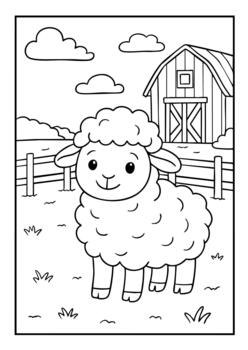 A coloring page with a sheep in the field vector