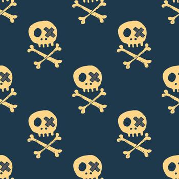 A seamless pattern with a skull and crossbones on blue background vector