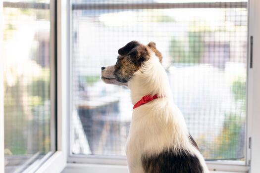 the dog sits on the windowsill with an open window with a safety net photo