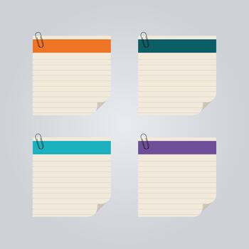 Four blank lined paper notepads with colorful top strips and paperclips in a grid pattern against a light gray background vector