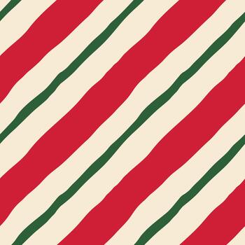 Bright diagonal striped seamless pattern. Modern, playful, minimal red and green hand drawn candy stripes repeat design on cream background. Festive geometric tile for fabrics, wrapping, media. vector