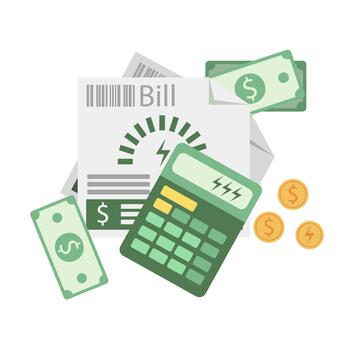 Electricity cost analysis with bills and calculator. Illustration of utility bills with a calculator and payment details. Flat style. vector