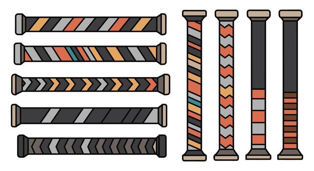 Decorative columns and horizontal bars featuring diverse geometric patterns in a colorful arrangement, isolated on white background vector