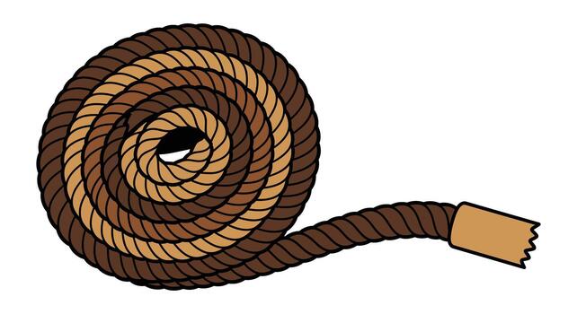 Coiled brown and tan rope with a frayed end, neatly arranged, isolated on white background vector